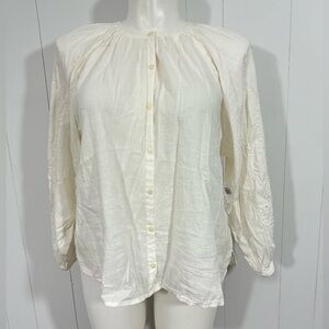 NWT Old Navy Sz L peasant Blouse Top Ivory Eyelet V Neck Long Sleeve Button Up